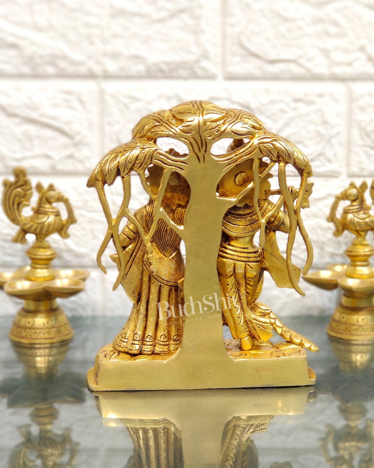 Superfine Brass Radha Krishna Idol - Under Kalpavriksha with Peacock 8 inch