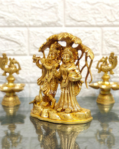 Superfine Brass Radha Krishna Idol - Under Kalpavriksha with Peacock 8 inch