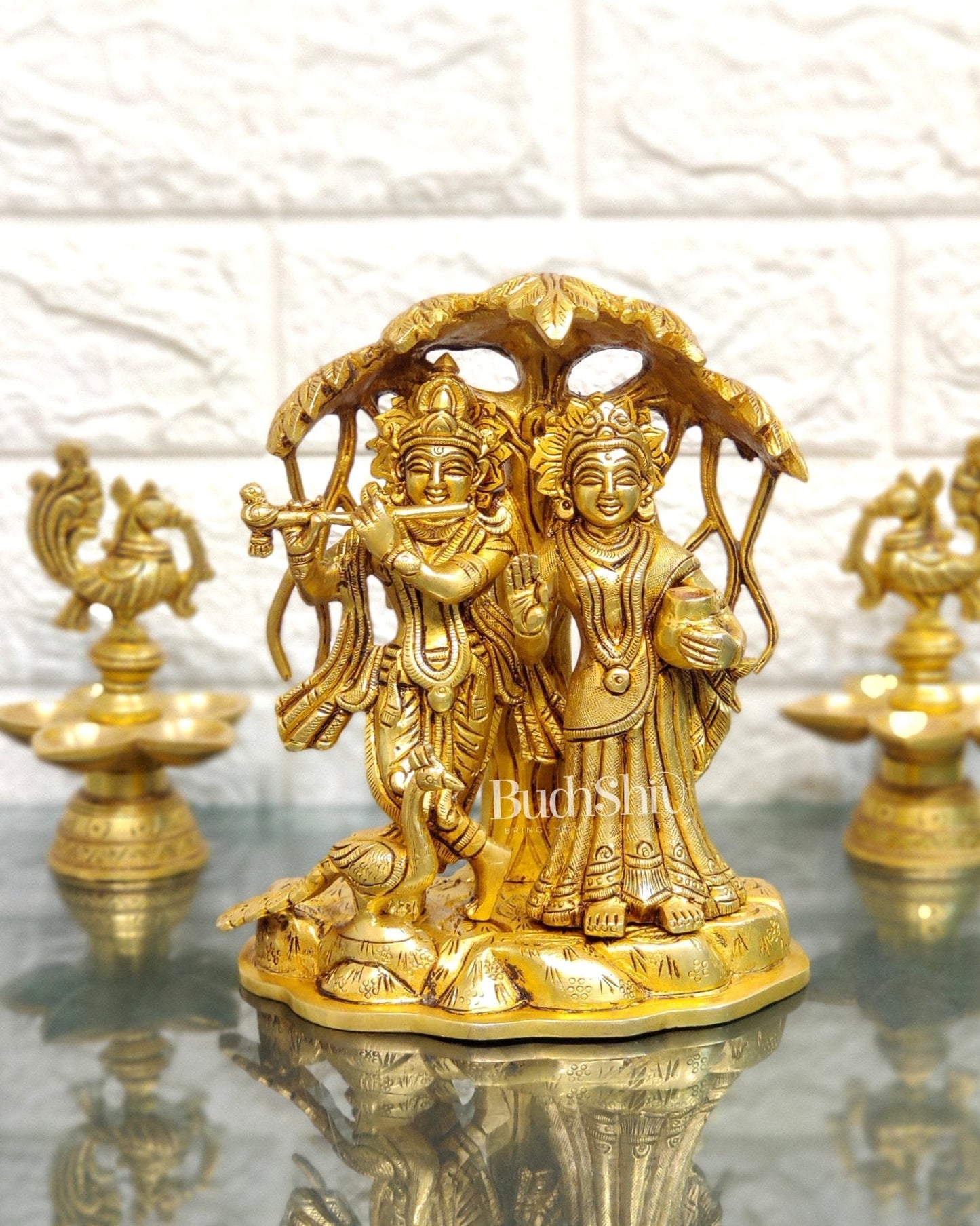 Superfine Brass Radha Krishna Idol - Under Kalpavriksha with Peacock 8 inch