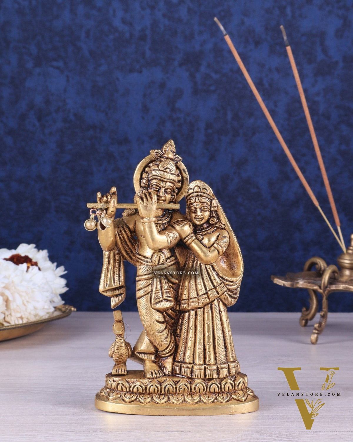 Superfine Brass Radha Krishna Idol with peacock - 6 Inch Statue