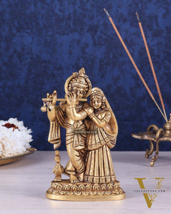 Superfine Brass Radha Krishna Idol with peacock - 6 Inch Statue