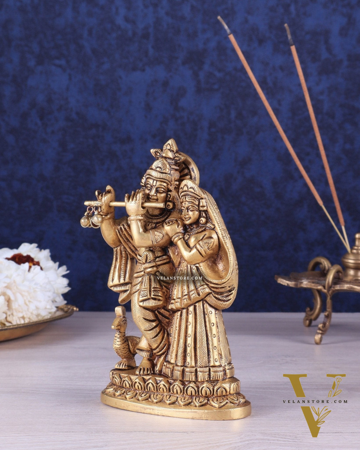 Superfine Brass Radha Krishna Idol with peacock - 6 Inch Statue
