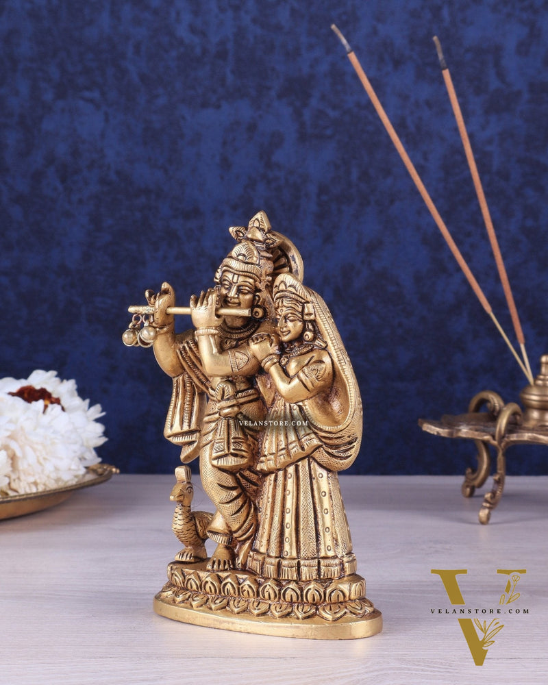 Superfine Brass Radha Krishna Idol with peacock - 6 Inch Statue