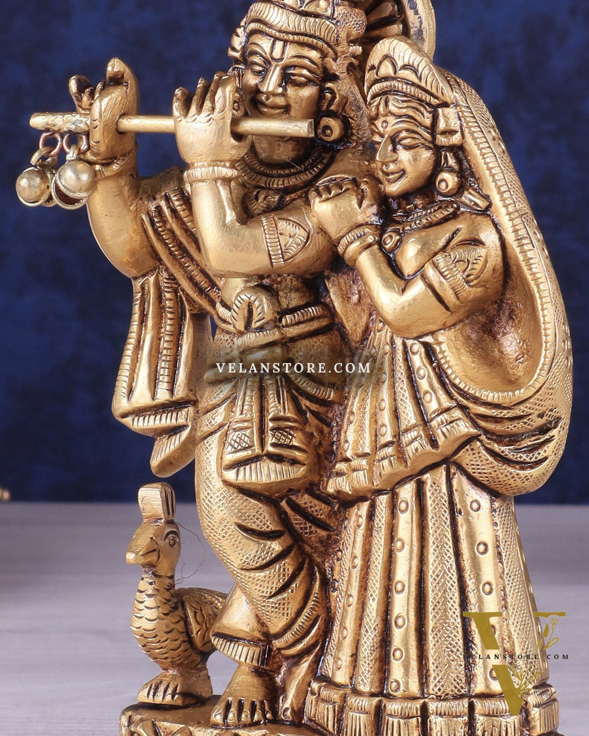 Superfine Brass Radha Krishna Idol with peacock - 6 Inch Statue