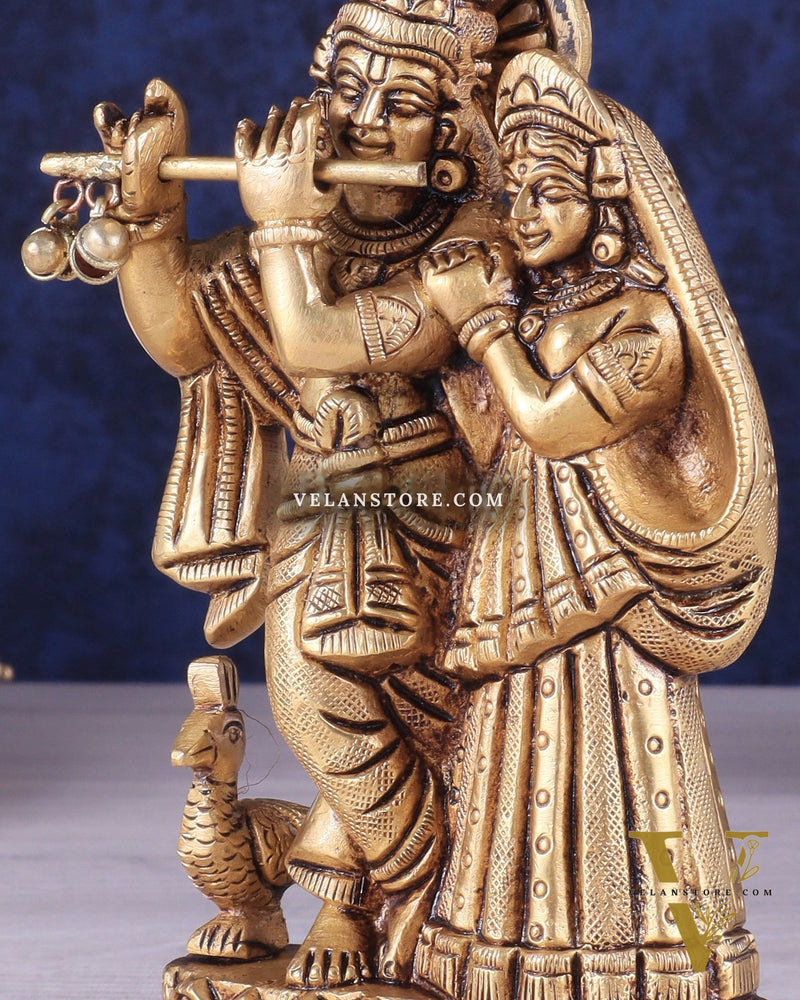 Superfine Brass Radha Krishna Idol with peacock - 6 Inch Statue