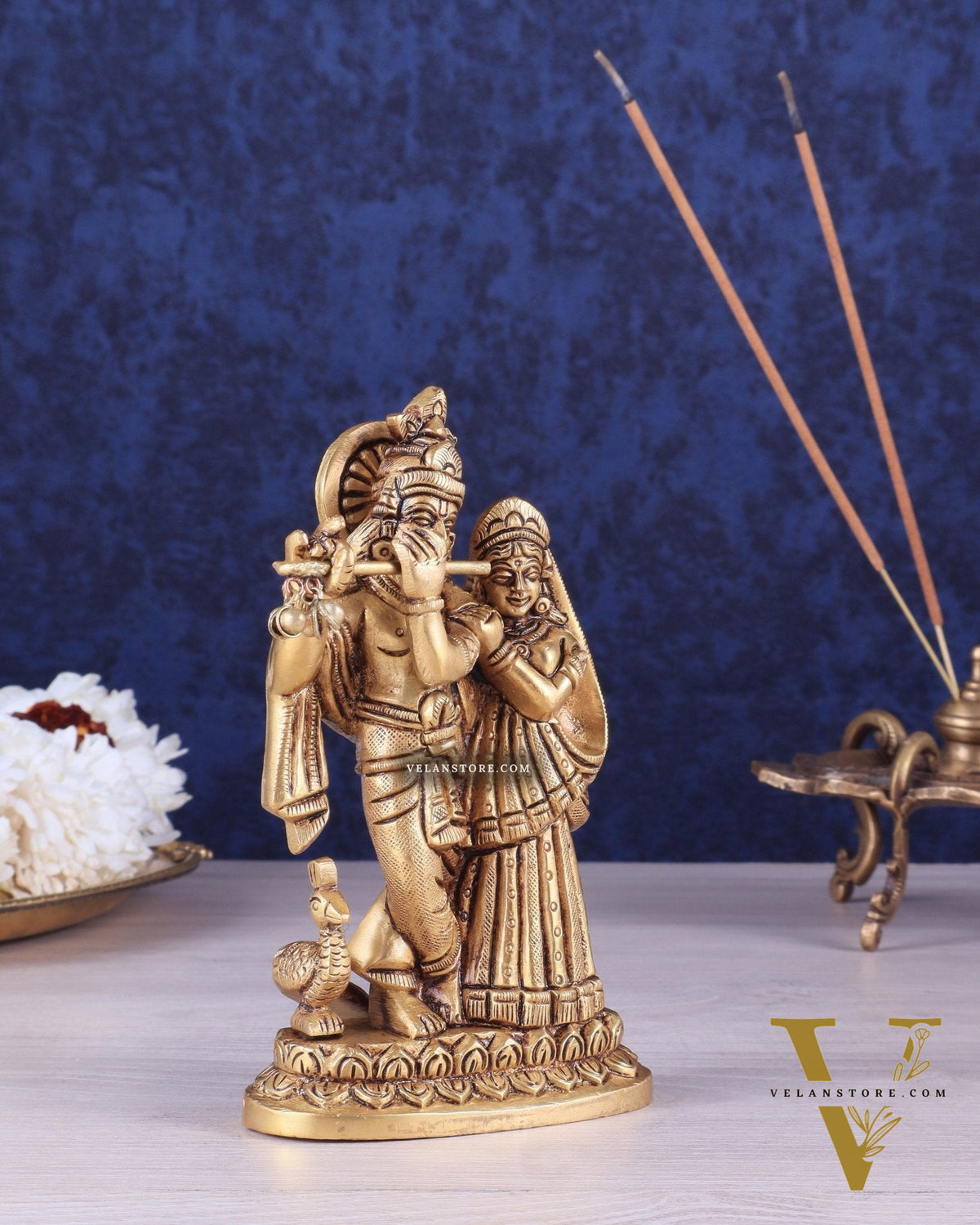 Superfine Brass Radha Krishna Idol with peacock - 6 Inch Statue