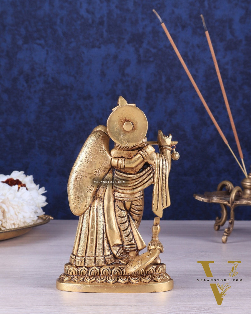 Superfine Brass Radha Krishna Idol with peacock - 6 Inch Statue