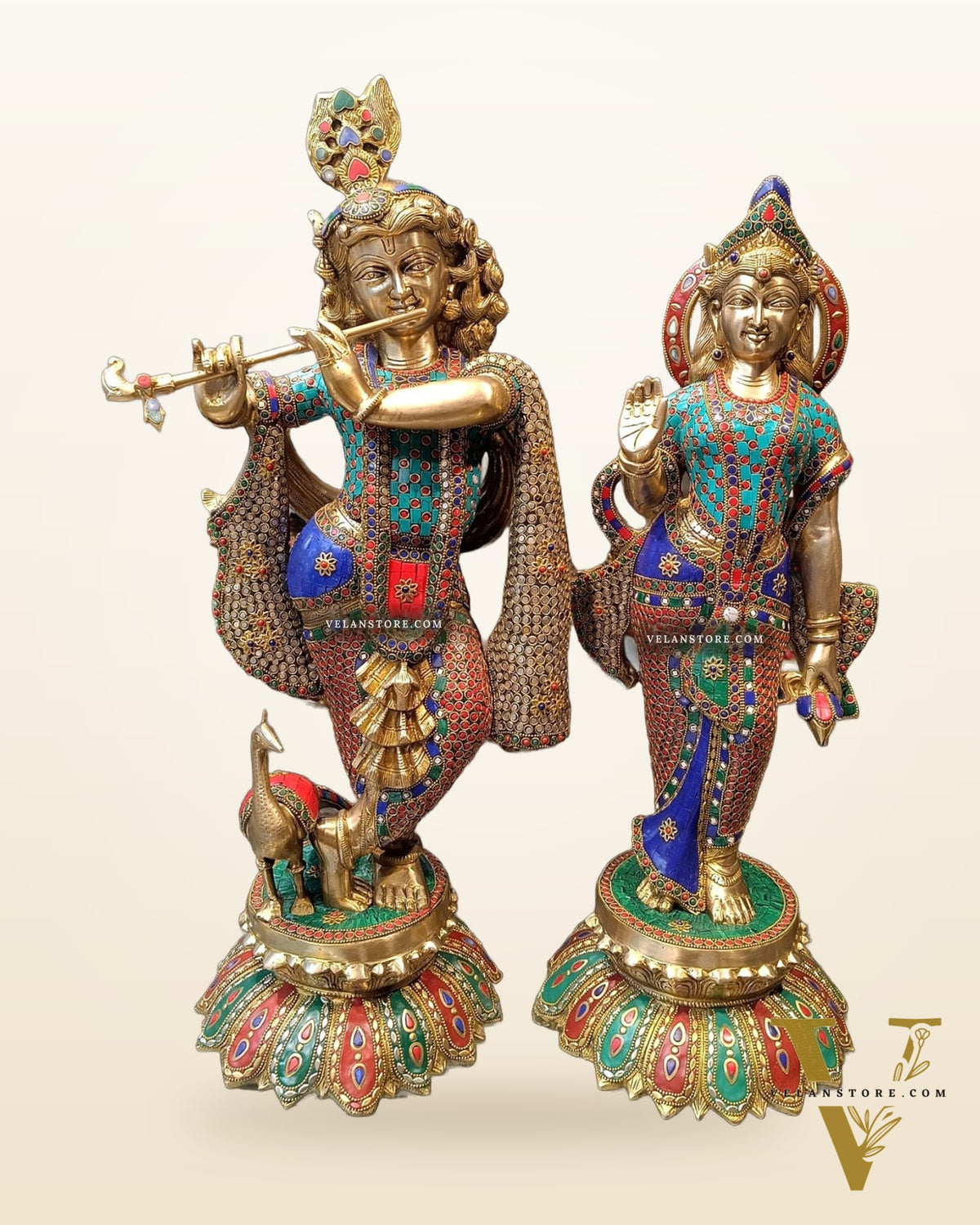 Superfine Brass Radha Krishna Idols with Meenakari Stonework 27"