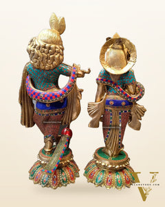 Superfine Brass Radha Krishna Idols with Meenakari Stonework 27"
