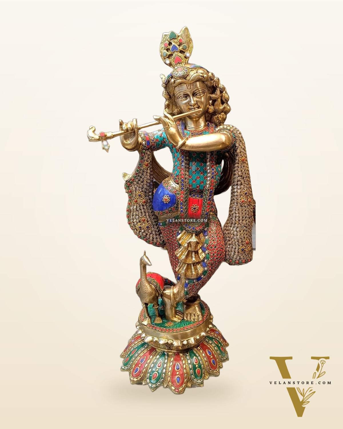 Superfine Brass Radha Krishna Idols with Meenakari Stonework 27"