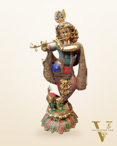 Superfine Brass Radha Krishna Idols with Meenakari Stonework 27"
