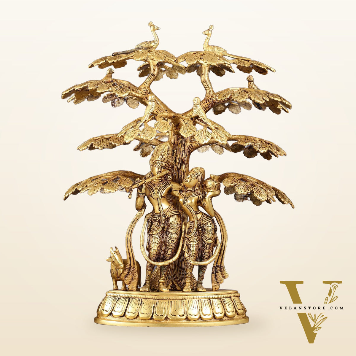 Superfine Brass Radha Krishna Statue with Cow under Tree 20 inch