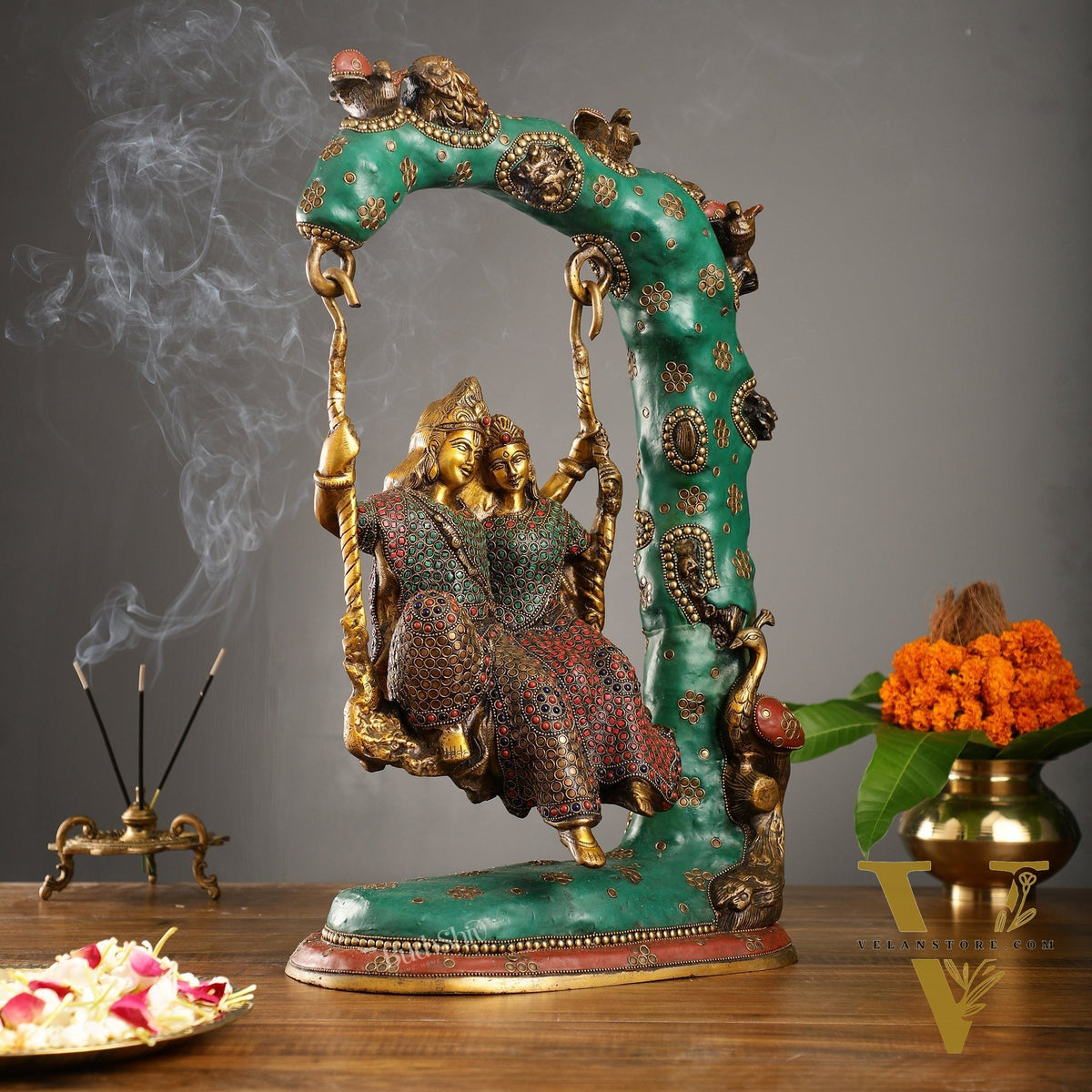 Superfine Brass Radha Krishna Swing with Meenakari Work - 23-inch
