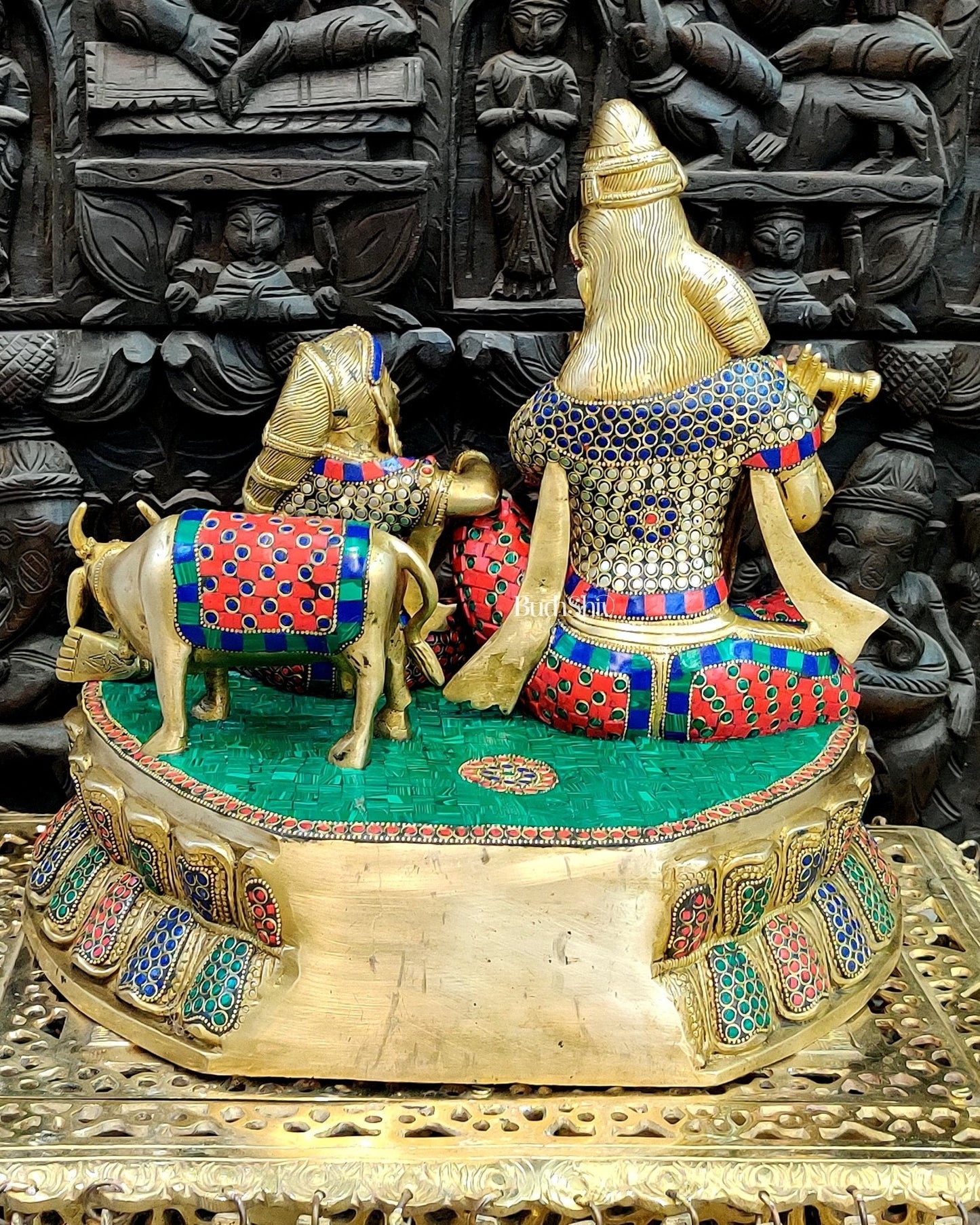 Exquisite Handcrafted Brass Radha Krishna Statue with Cow - 15"