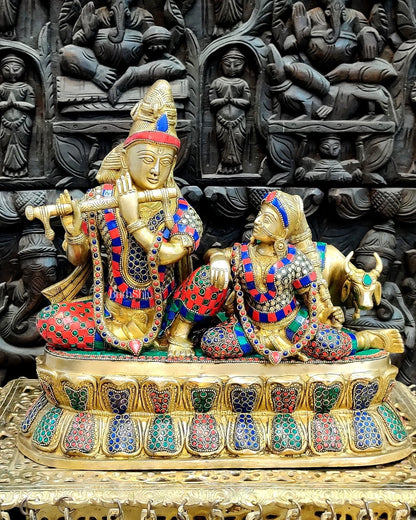 Exquisite Handcrafted Brass Radha Krishna Statue with Cow - 15"