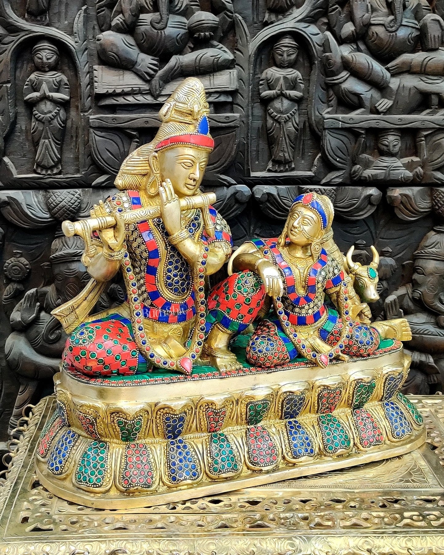 Exquisite Handcrafted Brass Radha Krishna Statue with Cow - 15"