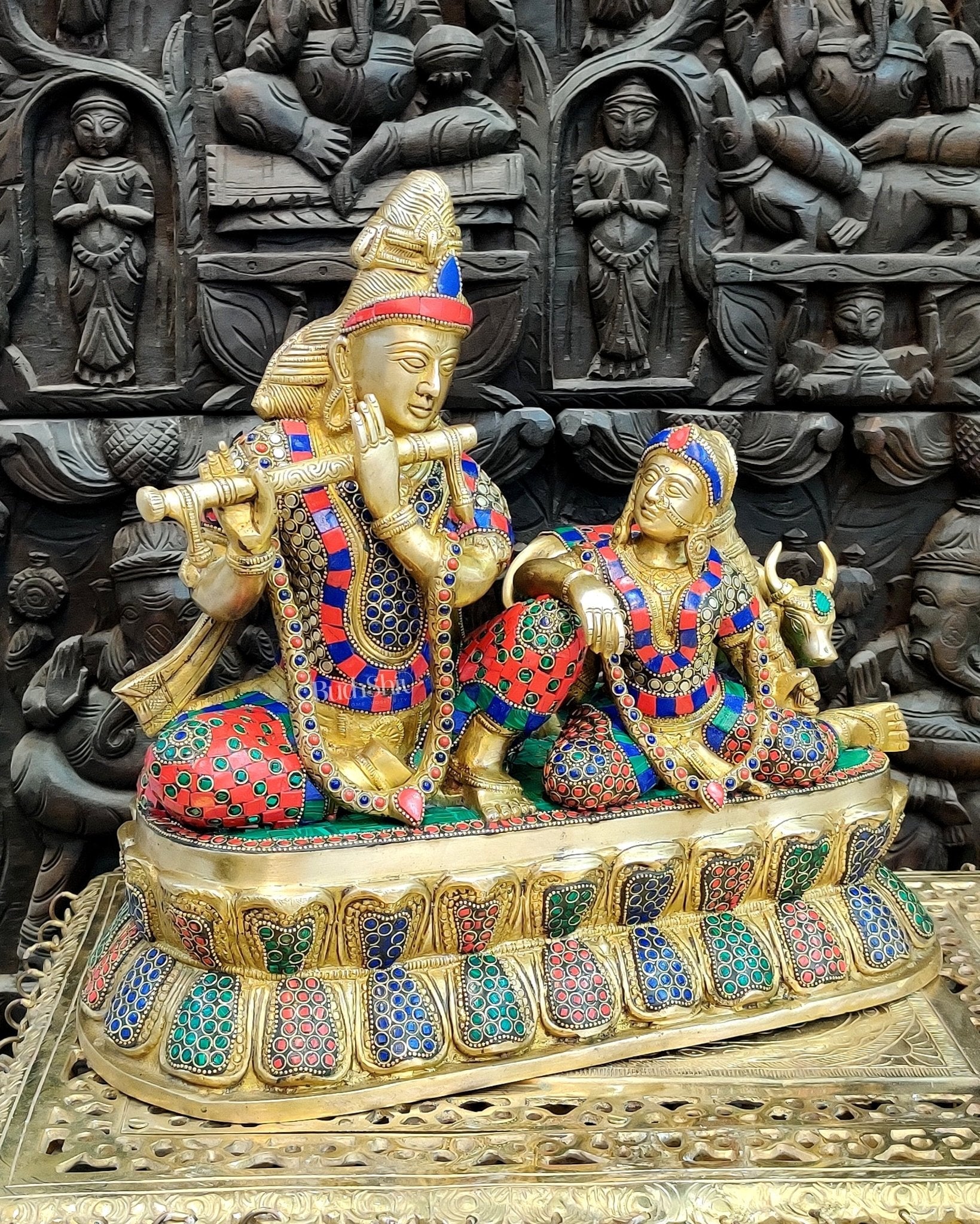 Exquisite Handcrafted Brass Radha Krishna Statue with Cow - 15"