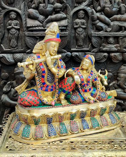 Exquisite Handcrafted Brass Radha Krishna Statue with Cow - 15"
