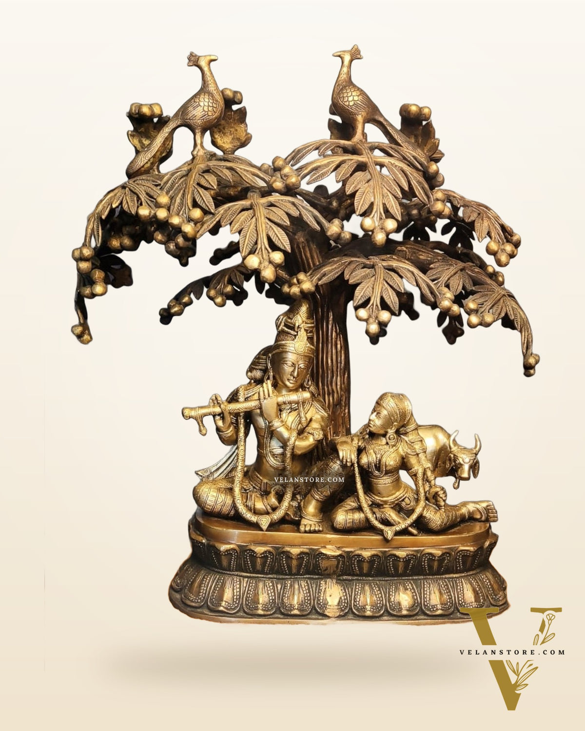 Superfine Brass Radha Krishna with Cow and Tree - 24 inch