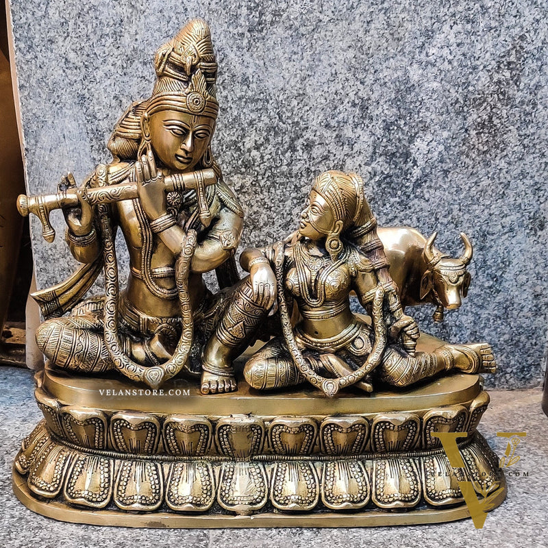 Superfine Brass Radha Krishna with Cow | Height 14 Inch