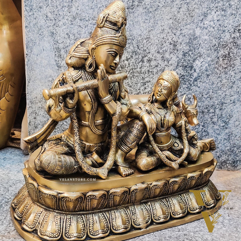 Superfine Brass Radha Krishna with Cow | Height 14 Inch