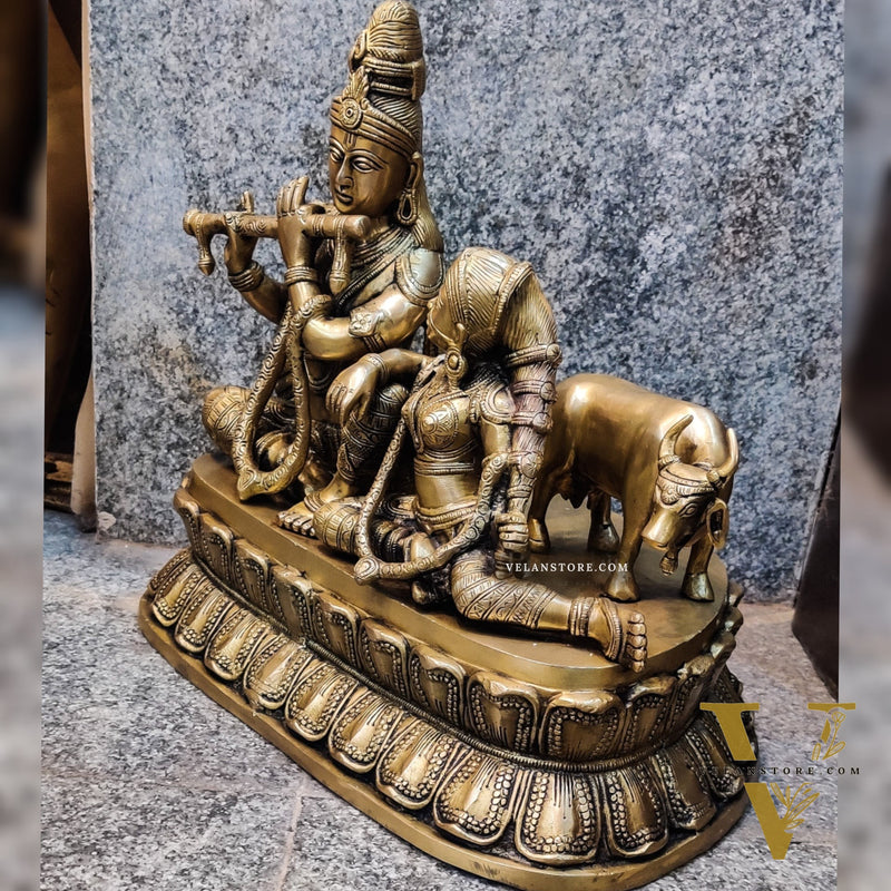 Superfine Brass Radha Krishna with Cow | Height 14 Inch