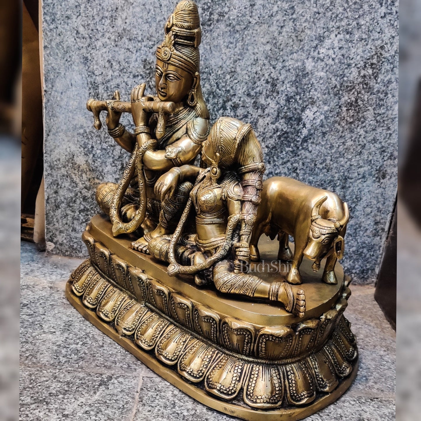 Superfine Brass Radha Krishna with Cow | Height 14 Inch