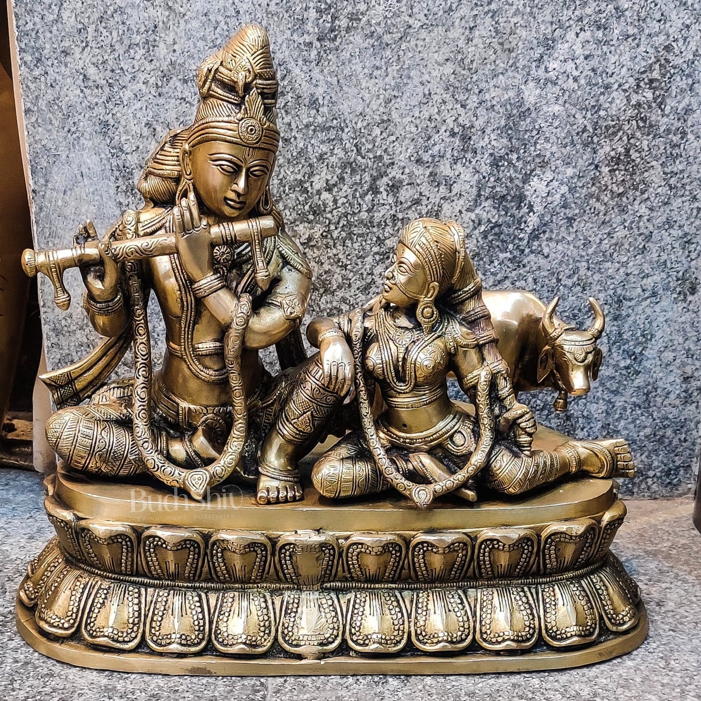 Superfine Brass Radha Krishna with Cow | Height 14 Inch