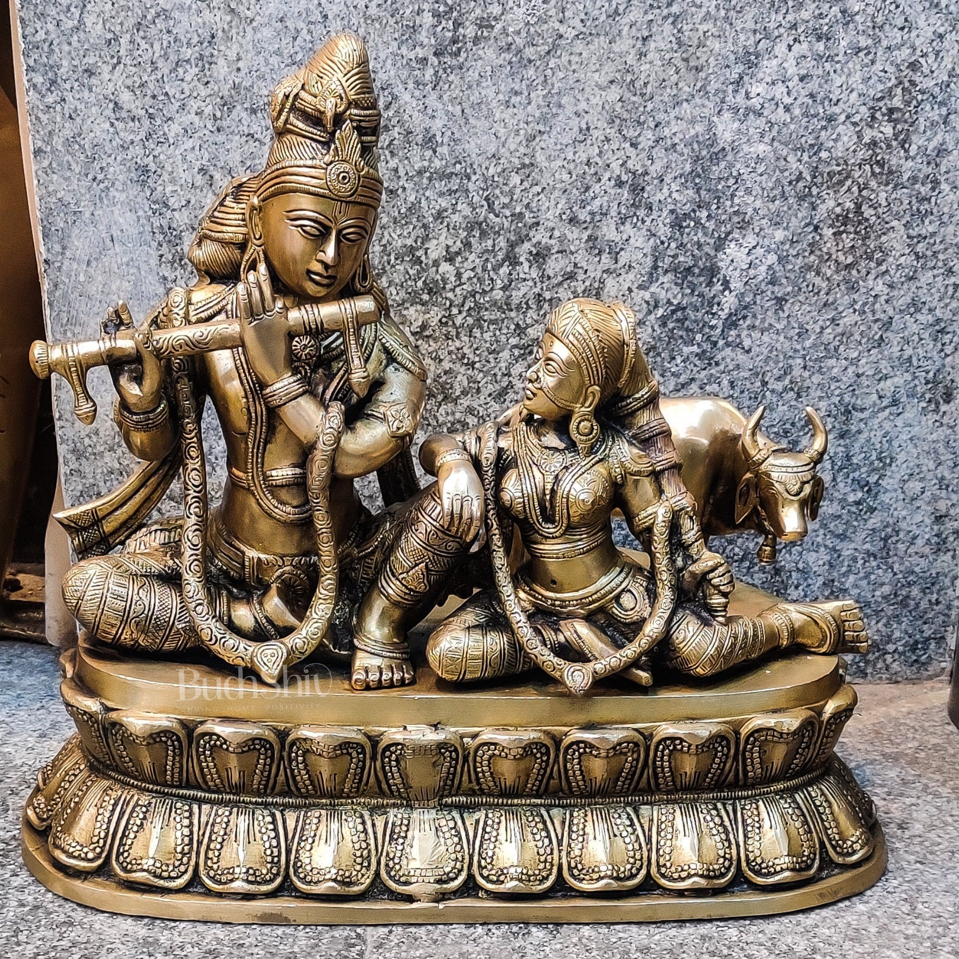Superfine Brass Radha Krishna with Cow | Height 14 Inch