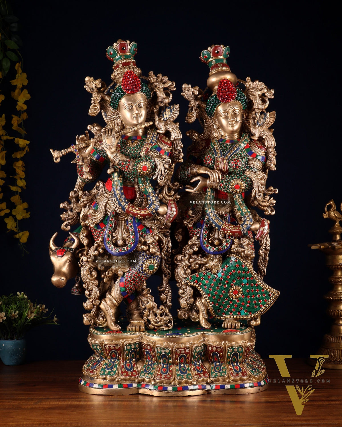 Superfine Brass Radha Krishna with cow Idol 29"