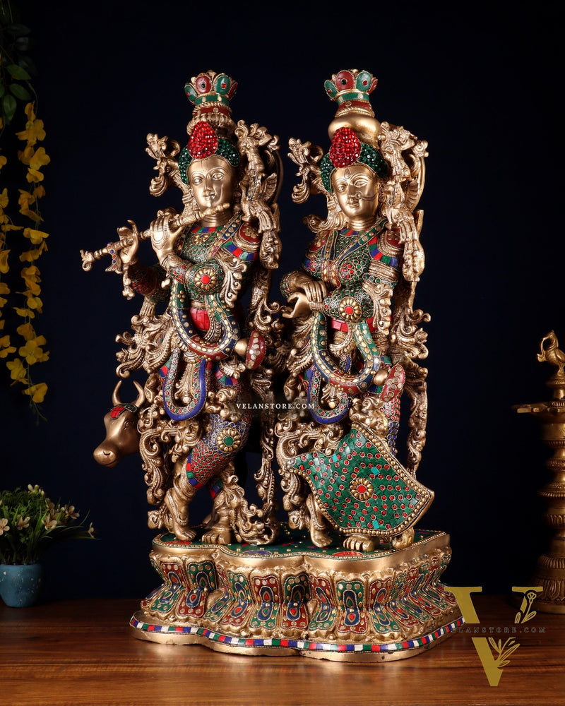 Superfine Brass Radha Krishna with cow Idol 29"