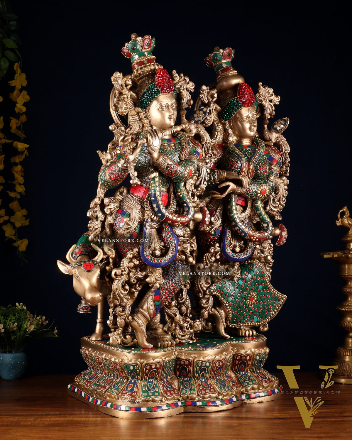Superfine Brass Radha Krishna with cow Idol 29"