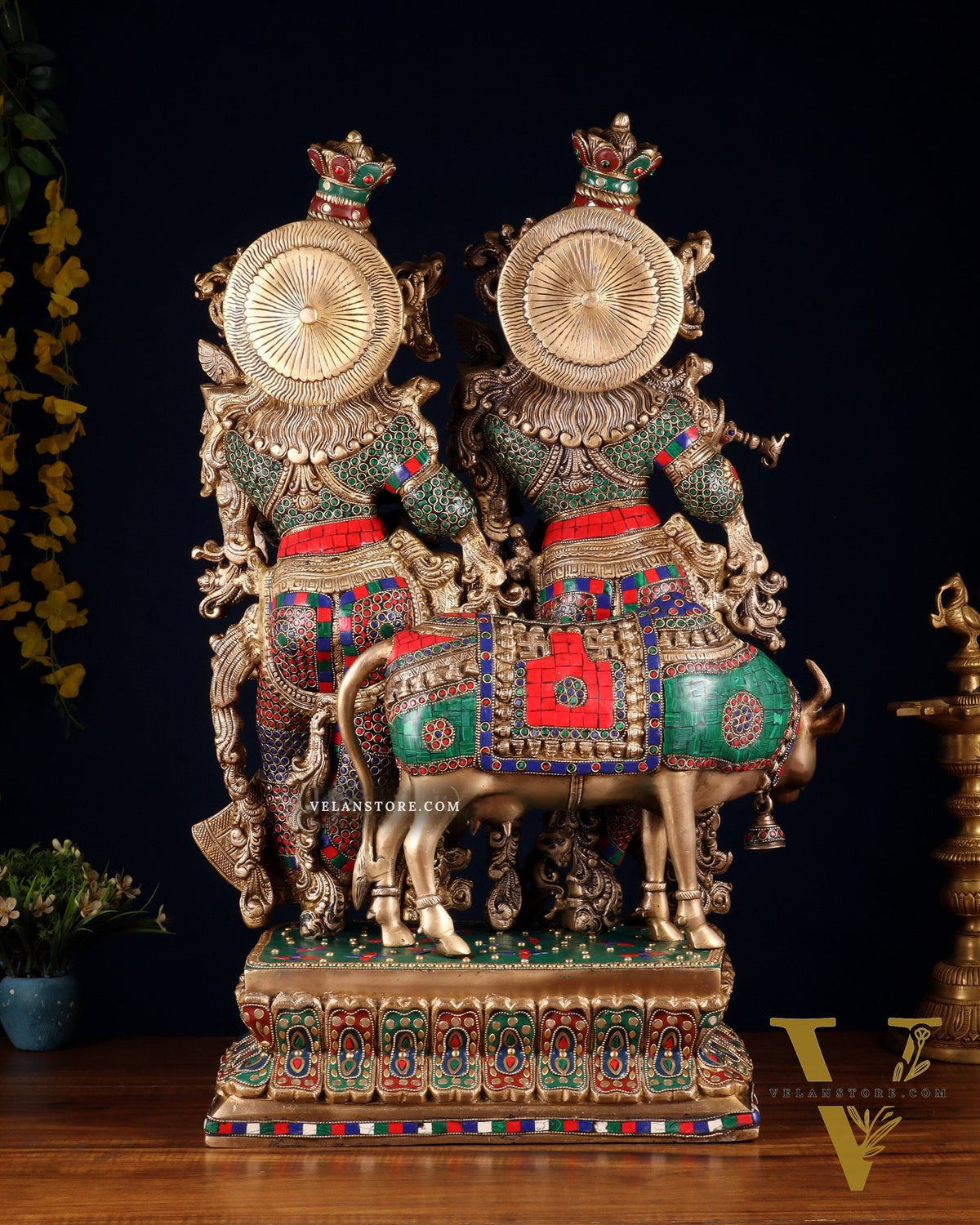Superfine Brass Radha Krishna with cow Idol 29"