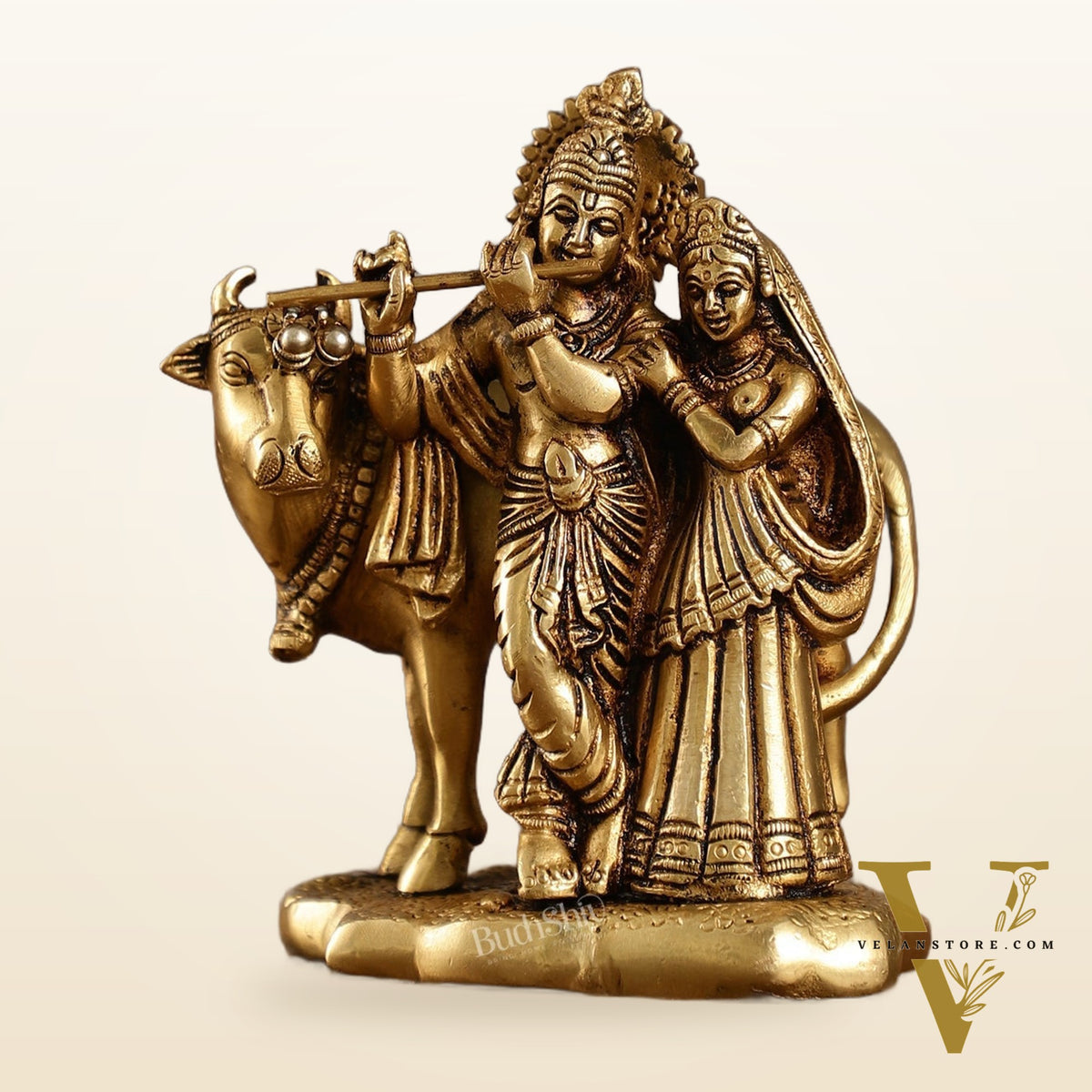 Superfine Brass Radha Krishna with Cow Idol Murti | Height 5.5 inch