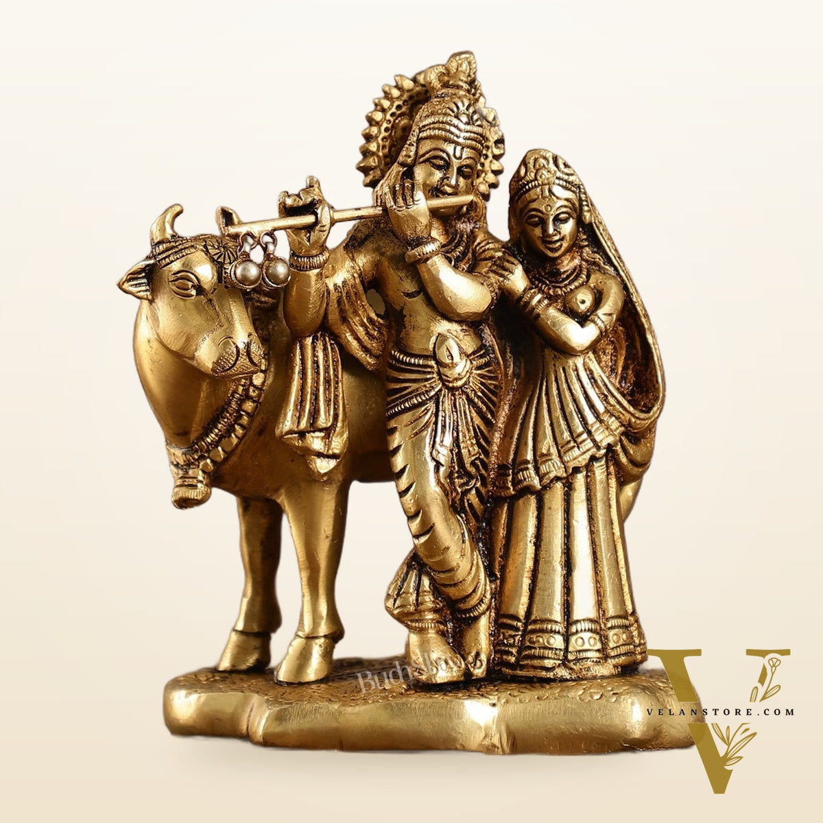Superfine Brass Radha Krishna with Cow Idol Murti | Height 5.5 inch