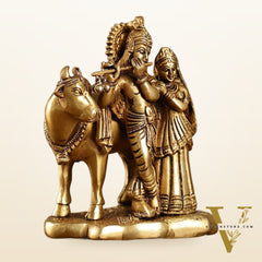 Superfine Brass Radha Krishna with Cow Idol Murti | Height 5.5 inch