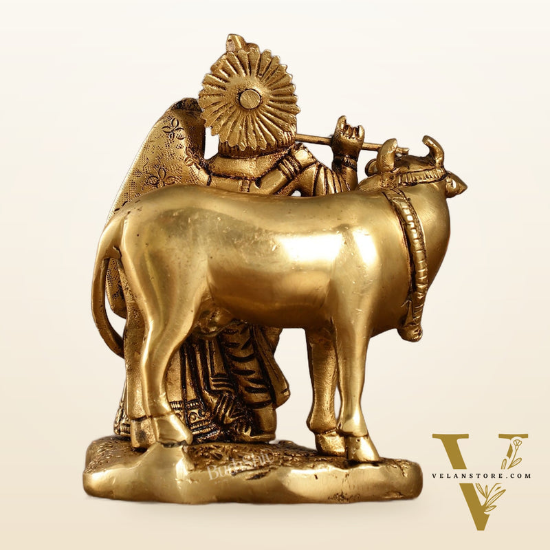 Superfine Brass Radha Krishna with Cow Idol Murti | Height 5.5 inch