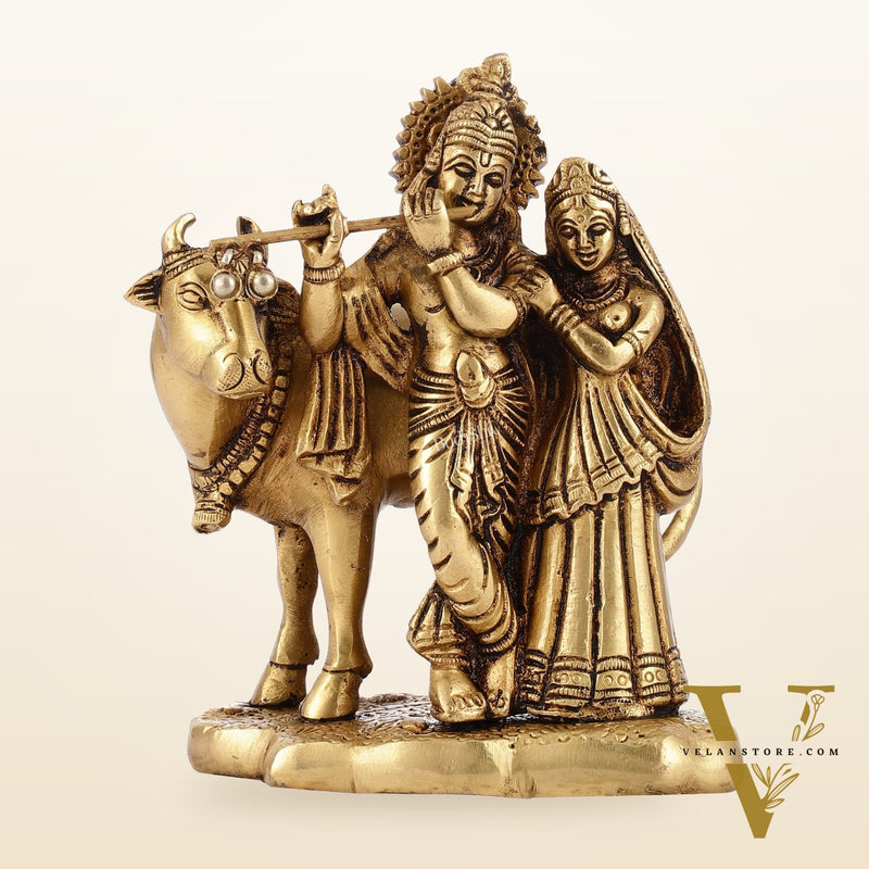 Superfine Brass Radha Krishna with Cow Idol Murti | Height 5.5 inch
