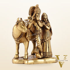Superfine Brass Radha Krishna with Cow Idol Murti | Height 5.5 inch