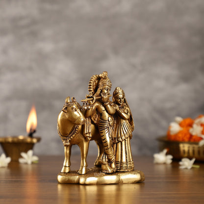 Superfine Brass Radha Krishna with Cow Idol Murti | Height 5.5 inch