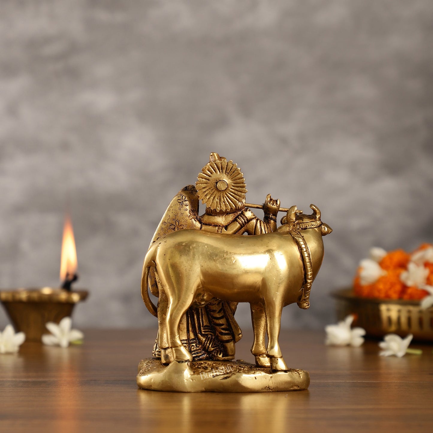 Superfine Brass Radha Krishna with Cow Idol Murti | Height 5.5 inch