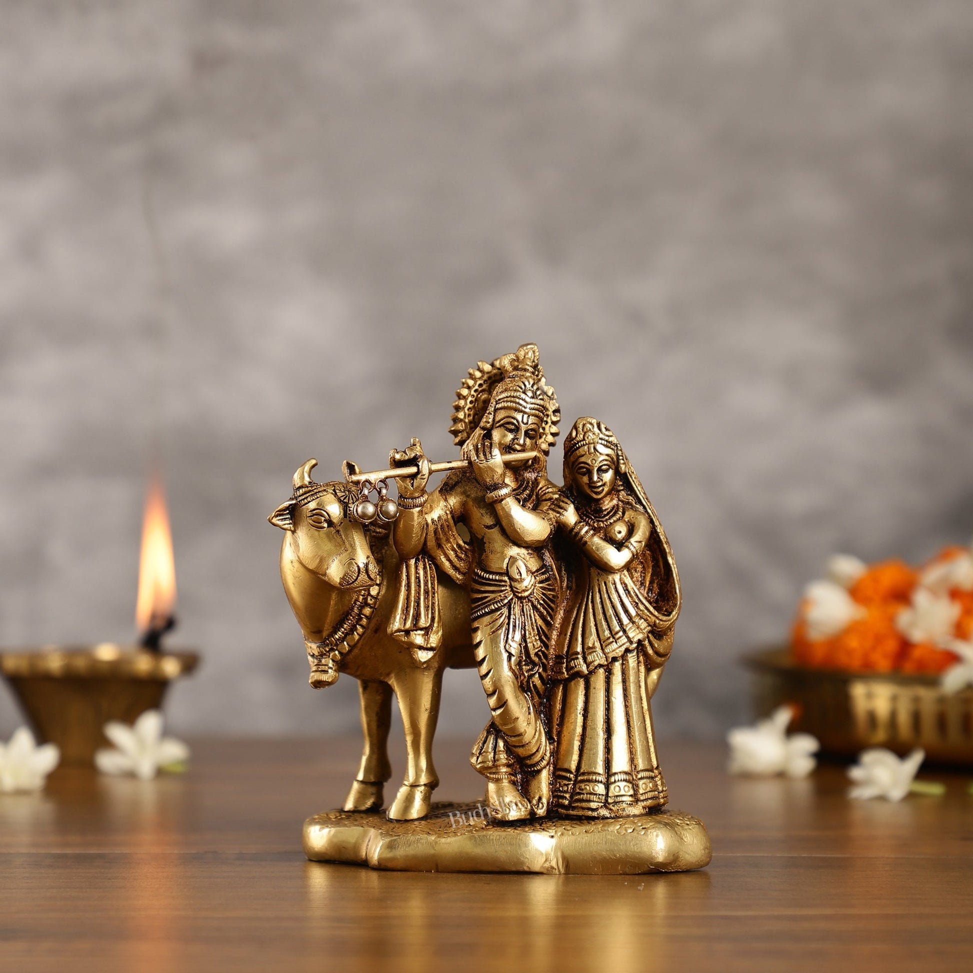 Superfine Brass Radha Krishna with Cow Idol Murti | Height 5.5 inch