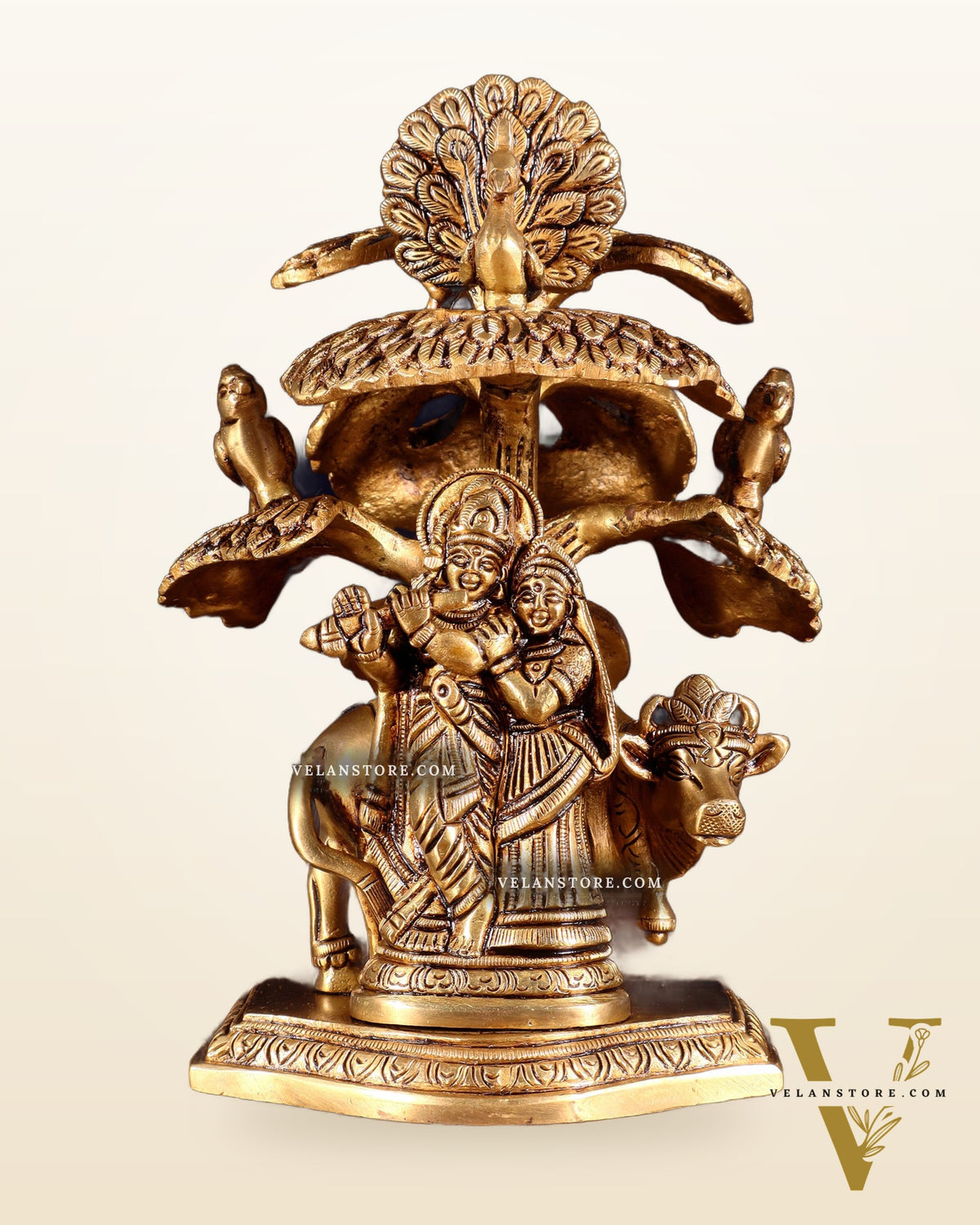 Superfine Brass Radha Krishna with Cow Under Tree Idol - 7" Height