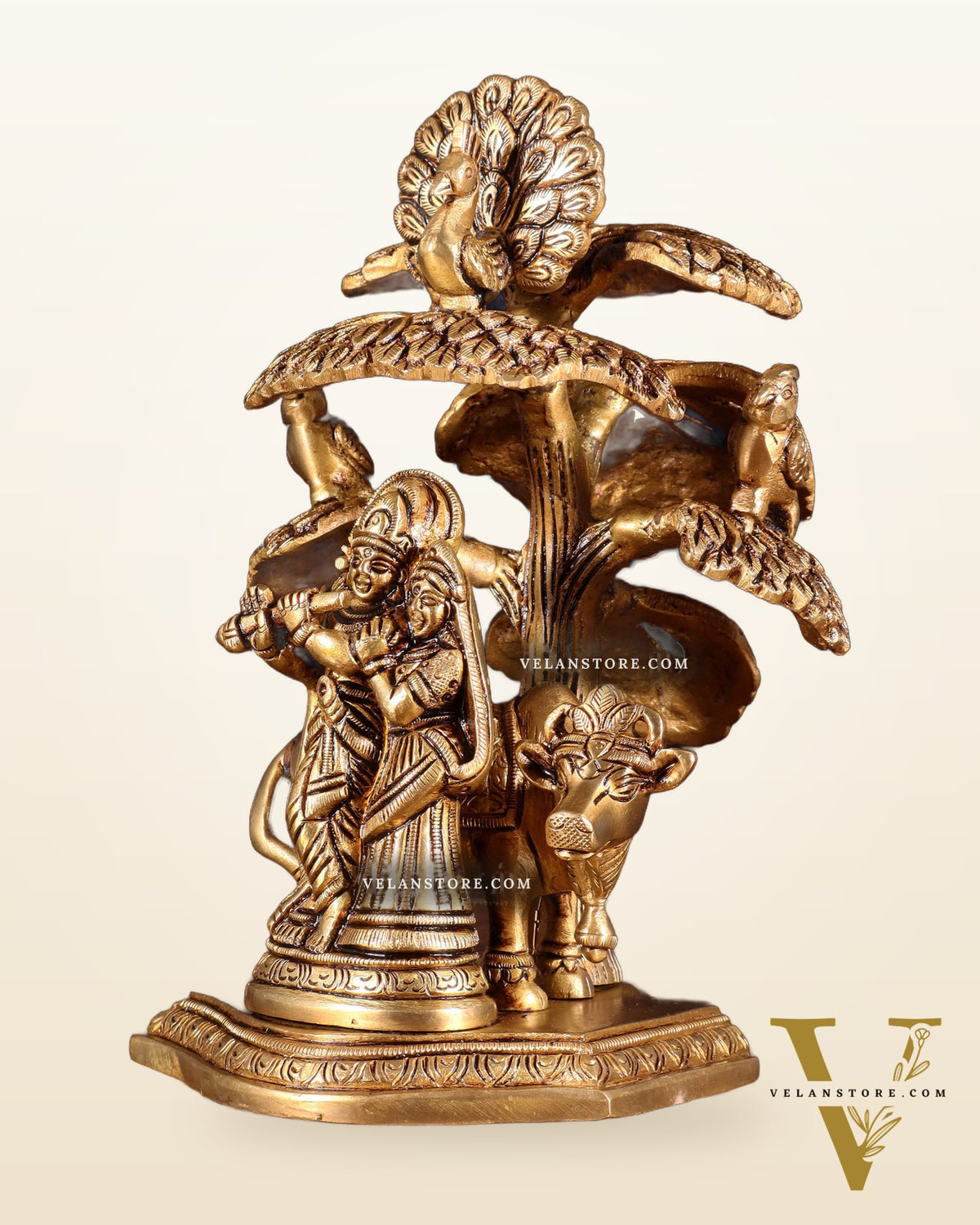 Superfine Brass Radha Krishna with Cow Under Tree Idol - 7" Height