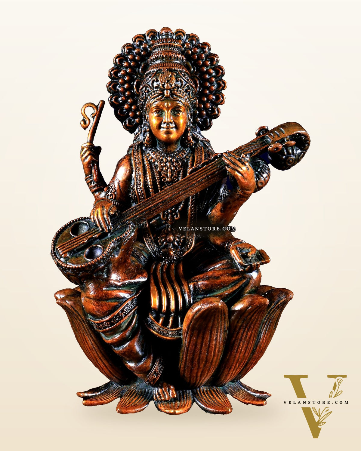 Superfine Brass Saraswati Idol - 6" Tall brown tone