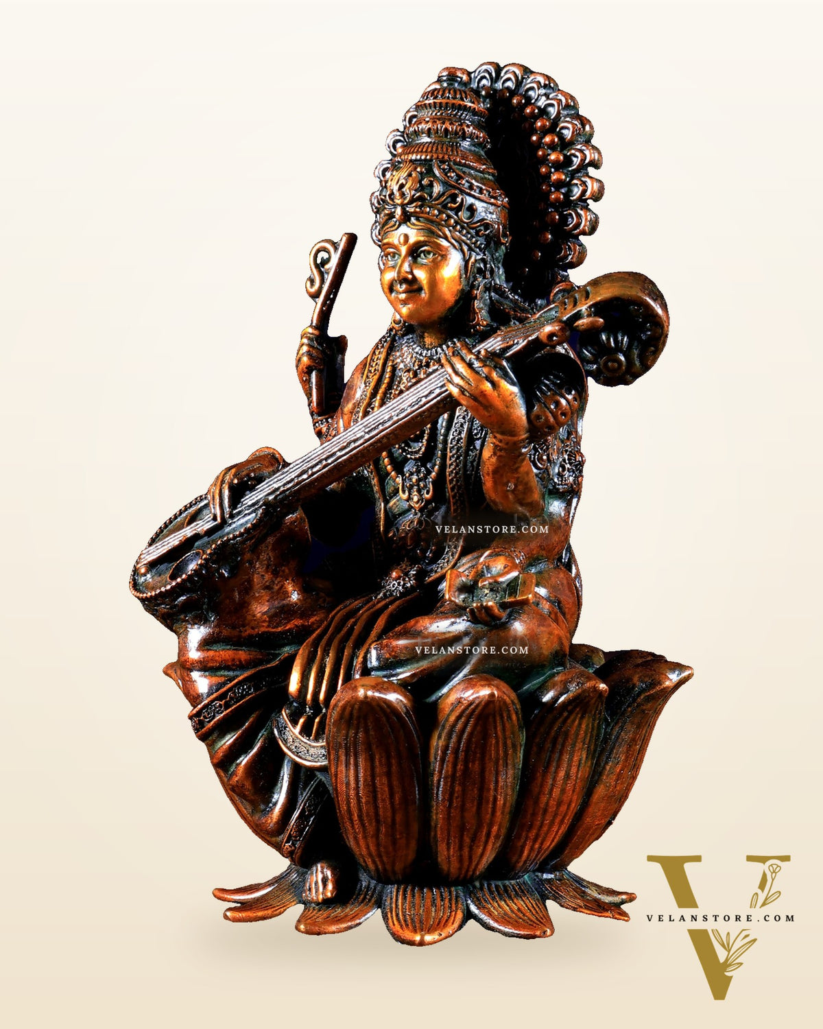 Superfine Brass Saraswati Idol - 6" Tall brown tone