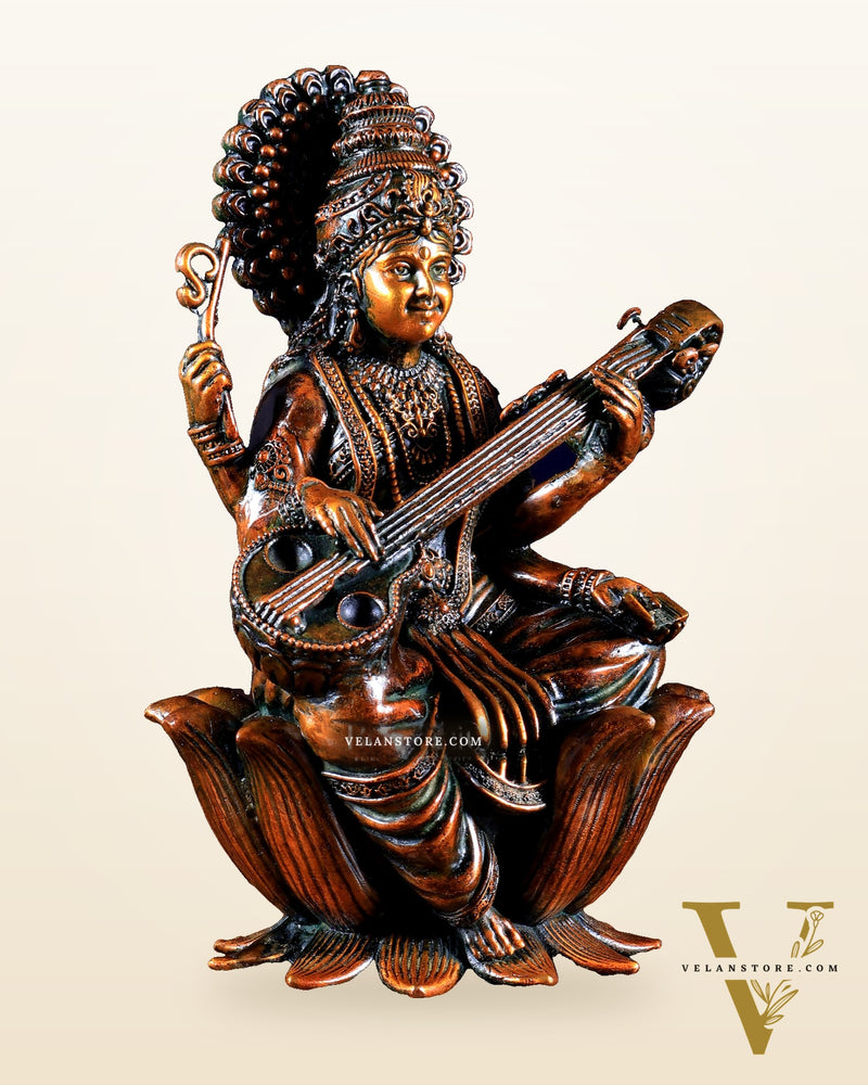 Superfine Brass Saraswati Idol - 6" Tall brown tone