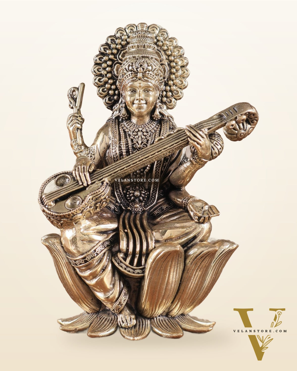 Superfine Brass Saraswati Idol - 6" Tall, Intricate Detailing