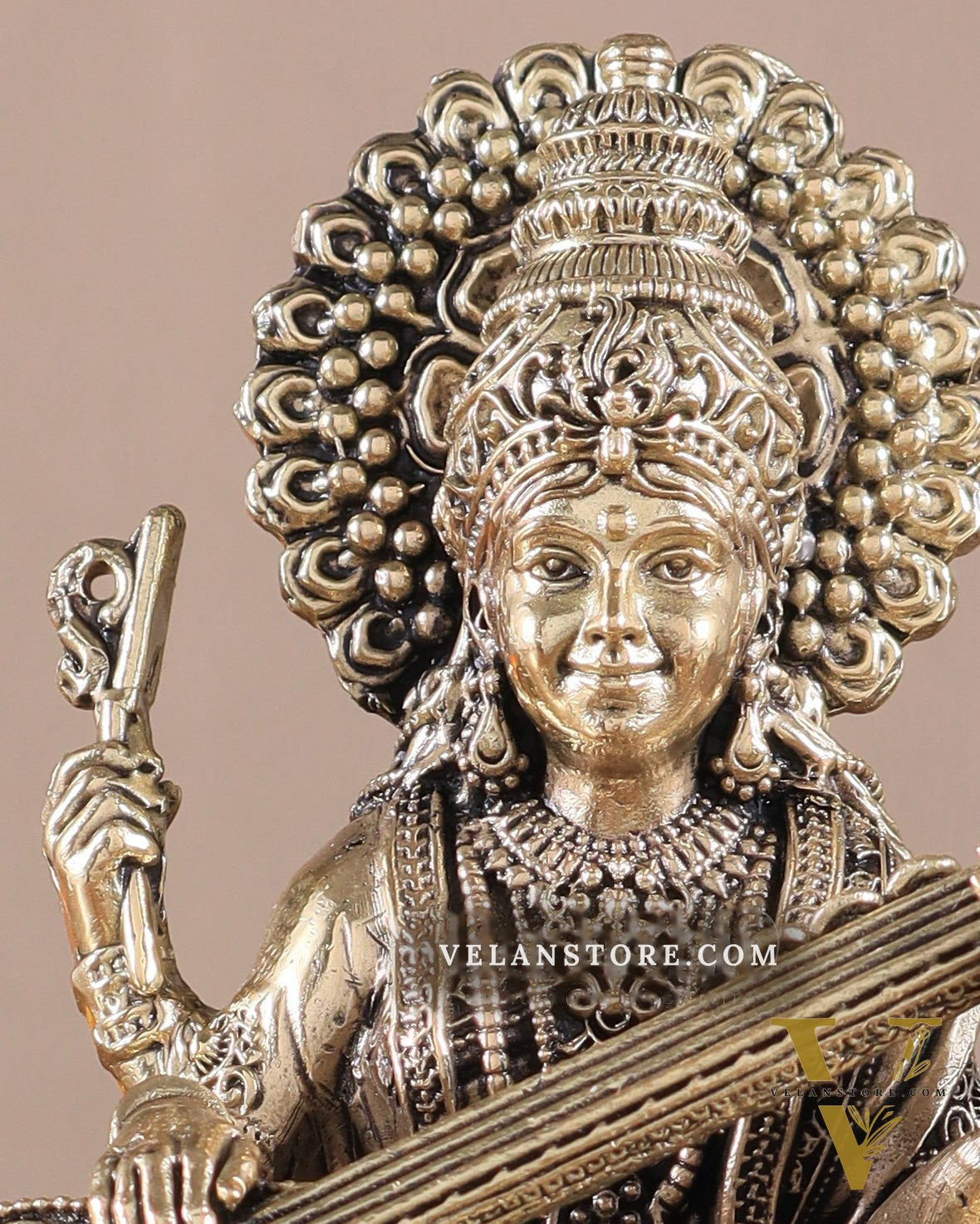 Superfine Brass Saraswati Idol - 6" Tall, Intricate Detailing
