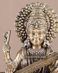 Superfine Brass Saraswati Idol - 6" Tall, Intricate Detailing